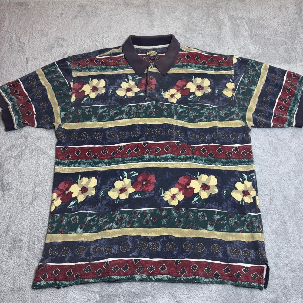 Tommy Bahama Polo Shirt Mens XL Multi Floral Geometric Stripe 90s Vintage Cotton